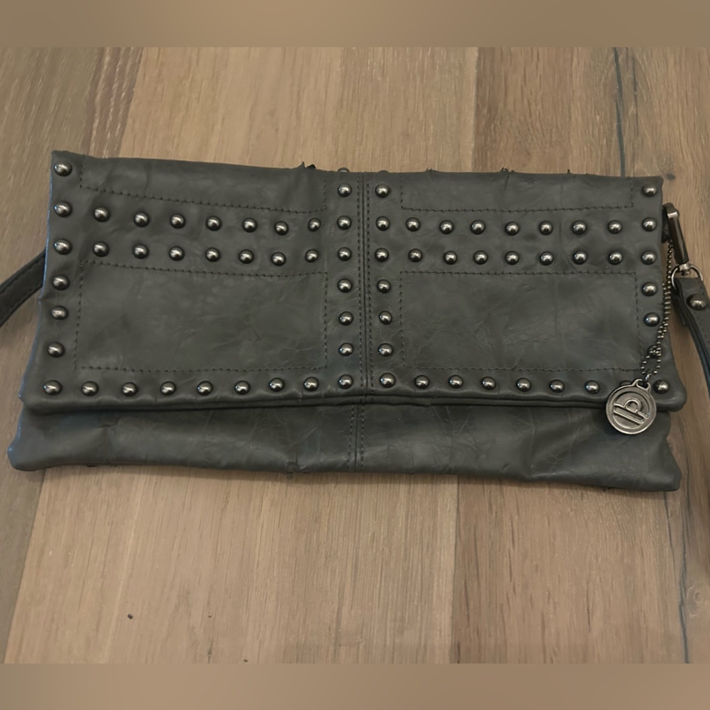 Big Buddha Leather Studded Gray Clutch